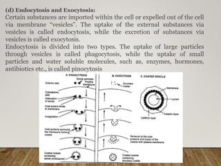 (d) Endocytosis and Exocytosis:
Certain substances are imported within the cell or expelled out of the cell
via membrane “vesicles”. The uptake of the external substances via
vesicles is called endocytosis, while the excretion of substances via
vesicles is called exocytosis.
Endocytosis is divided into two types. The uptake of large particles
through vesicles is called phagocytosis, while the uptake of small
particles and water soluble molecules, such as, enzymes, hormones,
antibiotics etc., is called pinocytosis
 