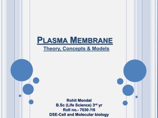 Theory, Concepts & Models
PLASMA MEMBRANE
Rohit Mondal
B.Sc (Life Science) 3rd yr
Roll no.- 7030 /16
DSE-Cell and Molecular biology
 