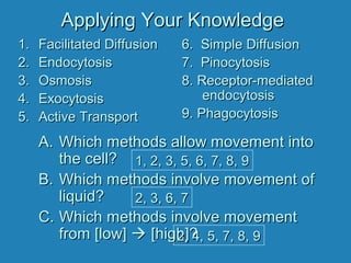 Applying Your KnowledgeApplying Your Knowledge
A.A. Which methods allow movement intoWhich methods allow movement into
the cell?the cell?
B.B. Which methods involve movement ofWhich methods involve movement of
liquid?liquid?
C.C. Which methods involve movementWhich methods involve movement
from [low]from [low]  [high]?[high]?
1.1. Facilitated DiffusionFacilitated Diffusion
2.2. EndocytosisEndocytosis
3.3. OsmosisOsmosis
4.4. ExocytosisExocytosis
5.5. Active TransportActive Transport
6. Simple Diffusion6. Simple Diffusion
7. Pinocytosis7. Pinocytosis
8. Receptor-mediated8. Receptor-mediated
endocytosisendocytosis
9. Phagocytosis9. Phagocytosis
1, 2, 3, 5, 6, 7, 8, 91, 2, 3, 5, 6, 7, 8, 9
2, 3, 6, 72, 3, 6, 7
2, 4, 5, 7, 8, 92, 4, 5, 7, 8, 9
 
