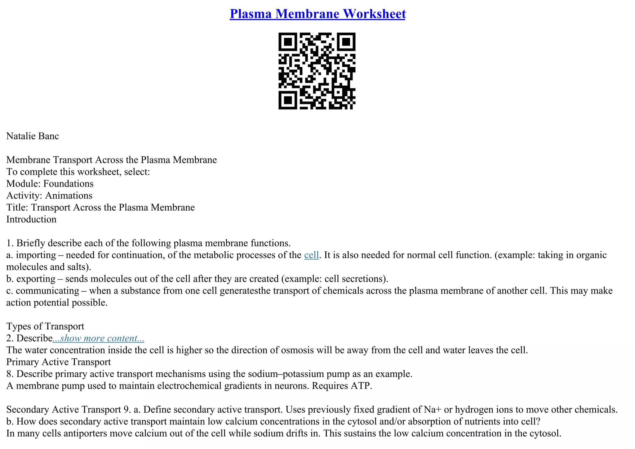 Plasma Membrane Worksheet | PPT