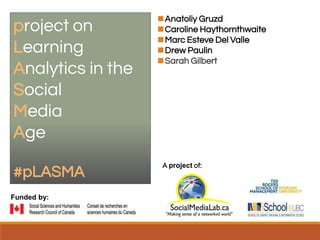 ◼Anatoliy Gruzd
◼Caroline Haythornthwaite
◼Marc Esteve Del Valle
◼Drew Paulin
◼Sarah Gilbert
project on
Learning
Analytics in the
Social
Media
Age
#pLASMA
Funded by:
A project of:
 
