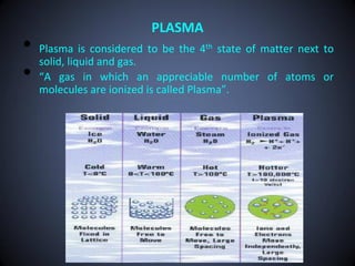PLASMA
•   Plasma is considered to be the 4th state of matter next to
    solid, liquid and gas.
•   “A gas in which an appreciable number of atoms or
    molecules are ionized is called Plasma”.
 