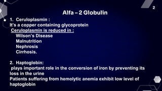 2
Alfa – 2 Globulin
1. Ceruloplasmin :
It’s a copper containing glycoprotein
Ceruloplasmin is reduced in :
Wilson’s Disease
Malnutrition
Nephrosis
Cirrhosis.
2. Haptoglobin:
plays important role in the conversion of iron by preventing its
loss in the urine
Patients suffering from hemolytic anemia exhibit low level of
haptoglobin
 