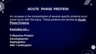 2
ACUTE PHASE PROTEIN
An increase in the concentration of several specific proteins occur
some hours after the injury. These proteins are termed as Acute
Phase Proteins
Examples are :-
C-Reactive Protein
Ceruloplasmin
Haptoglobin
Alfa 1 antitrypsin
 