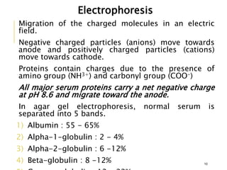 Electrophoresis
Migration of the charged molecules in an electric
field.
Negative charged particles (anions) move towards
anode and positively charged particles (cations)
move towards cathode.
Proteins contain charges due to the presence of
amino group (NH3+) and carbonyl group (COO-)
All major serum proteins carry a net negative charge
at pH 8.6 and migrate toward the anode.
In agar gel electrophoresis, normal serum is
separated into 5 bands.
1) Albumin : 55 - 65%
2) Alpha-1-globulin : 2 - 4%
3) Alpha-2-globulin : 6 -12%
4) Beta-globulin : 8 -12% 10
 