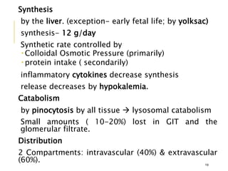 Synthesis
by the liver. (exception- early fetal life; by yolksac)
synthesis- 12 g/day
Synthetic rate controlled by
 Colloidal Osmotic Pressure (primarily)
 protein intake ( secondarily)
inflammatory cytokines decrease synthesis
release decreases by hypokalemia.
Catabolism
by pinocytosis by all tissue  lysosomal catabolism
Small amounts ( 10-20%) lost in GIT and the
glomerular filtrate.
Distribution
2 Compartments: intravascular (40%) & extravascular
(60%). 19
 