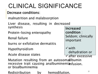 CLINICAL SIGNIFICANCE
Decrease conditions:
malnutrition and malabsorption
Liver disease, resulting in decreased
synthesis
Protein-losing enteropathy
Renal failure
burns or exfoliative dermatitis
Hypothyroidism
Acute disease states
Mutation resulting from an autosomal
recessive trait causing analbuminemia
or bisalbuminemia
Redistribution by hemodilution,
Increased
condition :
Seldom; clinically
important
 with
dehydration or
 after excessive
albumin
infusion.
21
 