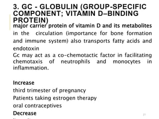 3. GC - GLOBULIN (GROUP-SPECIFIC
COMPONENT; VITAMIN D–BINDING
PROTEIN)
27
major carrier protein of vitamin D and its metabolites
in the circulation (importance for bone formation
and immune system) also transports fatty acids and
endotoxin
Gc may act as a co-chemotactic factor in facilitating
chemotaxis of neutrophils and monocytes in
inflammation.
Increase
third trimester of pregnancy
Patients taking estrogen therapy
oral contraceptives
Decrease
 