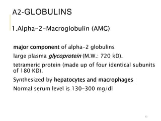 Α2-GLOBULINS
1.Alpha-2-Macroglobulin (AMG)
major component of alpha-2 globulins
large plasma glycoprotein (M.W.: 720 kD).
tetrameric protein (made up of four identical subunits
of 180 KD).
Synthesized by hepatocytes and macrophages
Normal serum level is 130-300 mg/dl
33
 