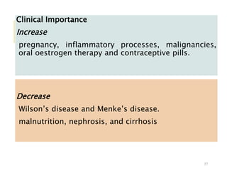 Clinical Importance
Increase
pregnancy, inflammatory processes, malignancies,
oral oestrogen therapy and contraceptive pills.
37
Decrease
Wilson’s disease and Menke’s disease.
malnutrition, nephrosis, and cirrhosis
 