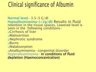 Edema
Biochemistry For Medics 7/11/2012 16
Normal level- 3.5-5 G/dl
Hypoalbuminemia-(<2g/dl) Results in fluid
retention in the tissue spaces. Lowered level is
seen in the following conditions-
Cirrhosis of liver
Malnutrition
Nephrotic syndrome
Burns
Malabsorption
Analbuminemia- congenital disorder
Hyperalbuminemia- In conditions of fluid
depletion (Haemoconcentration))
 