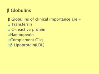 β Globulins of clinical importance are –
Biochemistry For Medics 7/11/2012 44
 Transferrin
 C-reactive protein
Haemopexin
Complement C1q
β Lipoprotein(LDL)
 
