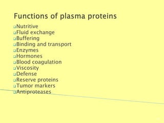 Nutritive
Fluid exchange
Buffering
Binding and transport
Enzymes
Hormones
Blood coagulation
Viscosity
Defense
Reserve proteins
Tumor markers
Antiproteases
Biochemistry For Medics 7/11/2012
61
 