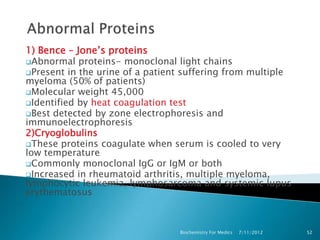 1) Bence – Jone’s proteins
Abnormal proteins- monoclonal light chains
Present in the urine of a patient suffering from multiple
myeloma (50% of patients)
Molecular weight 45,000
Identified by heat coagulation test
Best detected by zone electrophoresis and
immunoelectrophoresis
2)Cryoglobulins
These proteins coagulate when serum is cooled to very
low temperature
Commonly monoclonal IgG or IgM or both
Increased in rheumatoid arthritis, multiple myeloma,
lymphocytic leukemia, lymphosarcoma and systemic lupus
erythematosus



                                 Biochemistry For Medics   7/11/2012   52
 