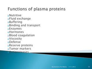 Nutritive
Fluidexchange
Buffering
Binding and transport
Enzymes
Hormones
Blood coagulation
Viscosity
Defense
Reserve proteins
Tumor markers
Antiproteases




                         Biochemistry For Medics   7/11/2012   53
 