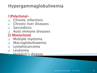 1)Polyclonal-
 Chronic infections
 Chronic liver diseases
 Sarcoidosis
 Auto immune diseases
2) Monoclonal
 Multiple myeloma
 Macroglobulinaemia
 Lymphosarcoma
 Leukemia
 Hodgkin’s disease




                           Biochemistry For Medics   7/11/2012   55
 