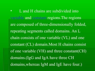 •    L and H chains are subdivided into
variable and constant regions.The regions
are composed of three-dimensionally folded,
repeating segments called domains. An L
chain consists of one variable (VL) and one
constant (CL) domain.Most H chains consist
of one variable (VH) and three constant(CH)
domains.(IgG and IgA have three CH
domains,whereas IgM and IgE have four.)
 