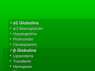  α2 Globulins
   α 2-Macroglobulin
   Hepatoglobins
   Prothrombin
   Ceruloplasmin
 β Globulins
   Lipoproteins
   Transferrin
   Hemopexin
 