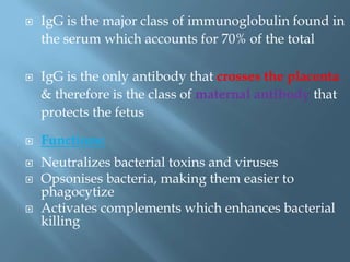  IgG is the major class of immunoglobulin found in
the serum which accounts for 70% of the total
 IgG is the only antibody that crosses the placenta
& therefore is the class of maternal antibody that
protects the fetus
 Functions:
 Neutralizes bacterial toxins and viruses
 Opsonises bacteria, making them easier to
phagocytize
 Activates complements which enhances bacterial
killing
 