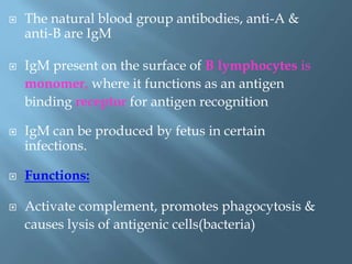  The natural blood group antibodies, anti-A &
anti-B are IgM
 IgM present on the surface of B lymphocytes is
monomer, where it functions as an antigen
binding receptor for antigen recognition
 IgM can be produced by fetus in certain
infections.
 Functions:
 Activate complement, promotes phagocytosis &
causes lysis of antigenic cells(bacteria)
 