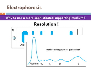 Electrophoresis
Why to use a more sophisticated supporting medium?
Resolution !
8
Densitometer graphical quantitation
 