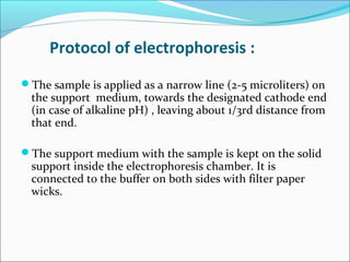 Protocol of electrophoresis :
The sample is applied as a narrow line (2-5 microliters) on
the support medium, towards the designated cathode end
(in case of alkaline pH) , leaving about 1/3rd distance from
that end.
The support medium with the sample is kept on the solid
support inside the electrophoresis chamber. It is
connected to the buffer on both sides with filter paper
wicks.
 