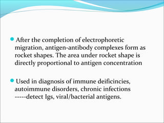 After the completion of electrophoretic
migration, antigen-antibody complexes form as
rocket shapes. The area under rocket shape is
directly proportional to antigen concentration
Used in diagnosis of immune deificincies,
autoimmune disorders, chronic infections
-----detect Igs, viral/bacterial antigens.
 