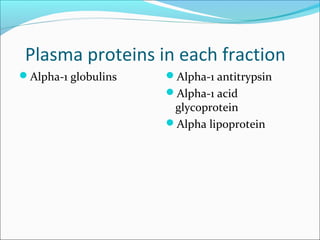 Plasma proteins in each fraction
Alpha-1 globulins Alpha-1 antitrypsin
Alpha-1 acid
glycoprotein
Alpha lipoprotein
 