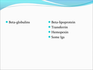 Beta-globulins Beta-lipoprotein
Transferrin
Hemopexin
Some Igs
 
