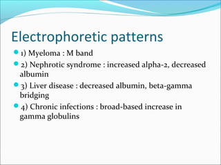 Electrophoretic patterns
1) Myeloma : M band
2) Nephrotic syndrome : increased alpha-2, decreased
albumin
3) Liver disease : decreased albumin, beta-gamma
bridging
4) Chronic infections : broad-based increase in
gamma globulins
 