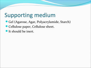 Supporting medium
Gel (Agarose, Agar, Polyacrylamide, Starch)
Cellulose paper, Cellulose sheet.
It should be inert.
 