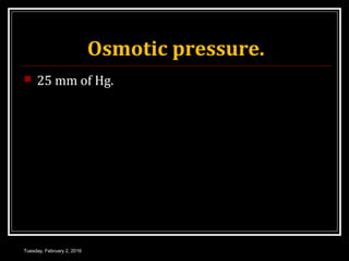 Osmotic pressure.
 25 mm of Hg.
Tuesday, February 2, 2016
 