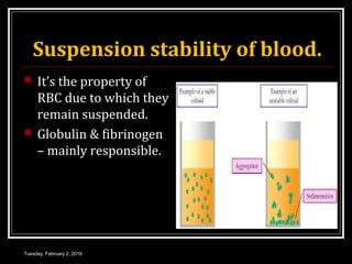 Suspension stability of blood.
 It’s the property of
RBC due to which they
remain suspended.
 Globulin & fibrinogen
– mainly responsible.
Tuesday, February 2, 2016
 
