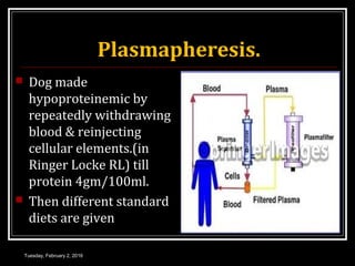 Plasmapheresis.
 Dog made
hypoproteinemic by
repeatedly withdrawing
blood & reinjecting
cellular elements.(in
Ringer Locke RL) till
protein 4gm/100ml.
 Then different standard
diets are given
Tuesday, February 2, 2016
 