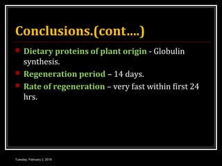 Conclusions.(cont….)
 Dietary proteins of plant origin - Globulin
synthesis.
 Regeneration period – 14 days.
 Rate of regeneration – very fast within first 24
hrs.
Tuesday, February 2, 2016
 