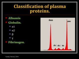 Classification of plasma
proteins.
 Albumin
 Globulin.
 α1
 α2
 β
 γ
 Fibrinogen.
Tuesday, February 2, 2016
 