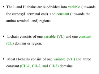 ▪ The L and H chains are subdivided into variable ( towards
the carboxyl terminal end) and constant ( towards the
amino terminal end) regions.
▪ L chain consists of one variable (VL) and one constant
(CL) domain or region.
▪ Most H-chains consist of one variable (VH) and three
constant (CH-1, CH-2, and CH-3) domains.
 