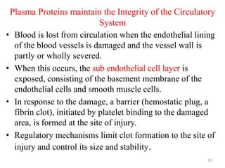 Plasma Proteins maintain the Integrity of the Circulatory
System
• Blood is lost from circulation when the endothelial lining
of the blood vessels is damaged and the vessel wall is
partly or wholly severed.
• When this occurs, the sub endothelial cell layer is
exposed, consisting of the basement membrane of the
endothelial cells and smooth muscle cells.
• In response to the damage, a barrier (hemostatic plug, a
fibrin clot), initiated by platelet binding to the damaged
area, is formed at the site of injury.
• Regulatory mechanisms limit clot formation to the site of
injury and control its size and stability.
20
 