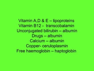 Vitamin A,D & E – lipoproteins
Vitamin B12 - transcobalamin
Unconjugated bilirubin – albumin
Drugs – albumin
Calcium – albumin
Copper- ceruloplasmin
Free haemoglobin – haptoglobin
 