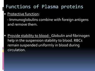 Functions of Plasma proteins
• Protective function:
- Immunoglobulins combine with foreign antigens
and remove them.
 Provide stability to blood- Globulin and fibrinogen
help in the suspension stability to blood. RBCs
remain suspended uniformly in blood during
circulation.
 