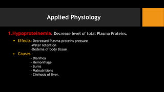 Applied Physiology
1.Hypoproteinemia: Decrease level of total Plasma Proteins.
▪ Effects: Decreased Plasma proteins pressure
-Water retention
-Oedema of body tissue
▪ Causes :
- Diarrhea
- Hemorrhage
- Burns
- Malnutritions
- Cirrhosis of liver.
 
