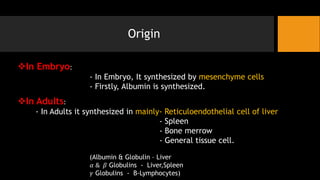 Origin
❖In Embryo:
- In Embryo, It synthesized by mesenchyme cells
- Firstly, Albumin is synthesized.
❖In Adults:
- In Adults it synthesized in mainly- Reticuloendothelial cell of liver
- Spleen
- Bone merrow
- General tissue cell.
(Albumin & Globulin – Liver
𝛼 & 𝛽 Globulins - Liver,Spleen
𝛾 Globulins - B-Lymphocytes)
 