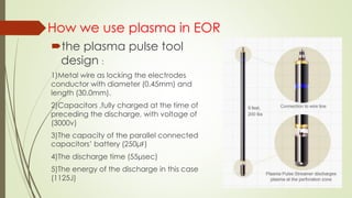How we use plasma in EOR
the plasma pulse tool
design :
1)Metal wire as locking the electrodes
conductor with diameter (0.45mm) and
length (30.0mm).
2)Capacitors ,fully charged at the time of
preceding the discharge, with voltage of
(3000v)
3)The capacity of the parallel connected
capacitors’ battery (250μϜ)
4)The discharge time (55μsec)
5)The energy of the discharge in this case
(1125J)
 