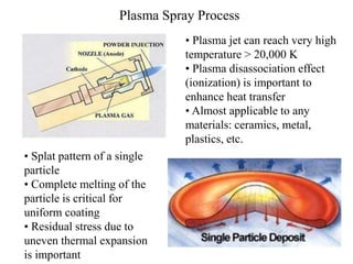 Plasma Spray Process
• Plasma jet can reach very high
temperature > 20,000 K
• Plasma disassociation effect
(ionization) is important to
enhance heat transfer
• Almost applicable to any
materials: ceramics, metal,
plastics, etc.
• Splat pattern of a single
particle
• Complete melting of the
particle is critical for
uniform coating
• Residual stress due to
uneven thermal expansion
is important
 