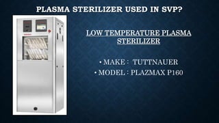 PLASMA STERILIZER USED IN SVP?
LOW TEMPERATURE PLASMA
STERILIZER
• MAKE : TUTTNAUER
• MODEL : PLAZMAX P160
 