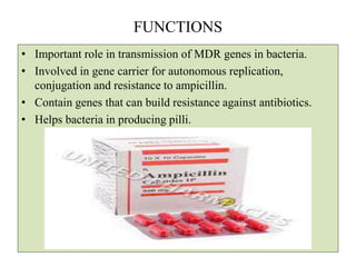 FUNCTIONS
• Important role in transmission of MDR genes in bacteria.
• Involved in gene carrier for autonomous replication,
conjugation and resistance to ampicillin.
• Contain genes that can build resistance against antibiotics.
• Helps bacteria in producing pilli.
 