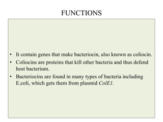 FUNCTIONS
• It contain genes that make bacteriocin, also known as coliocin.
• Coliocins are proteins that kill other bacteria and thus defend
host bacterium.
• Bacteriocins are found in many types of bacteria including
E.coli, which gets them from plasmid ColE1.
 