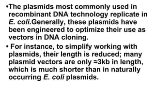 •The plasmids most commonly used in
recombinant DNA technology replicate in
E. coli.Generally, these plasmids have
been engineered to optimize their use as
vectors in DNA cloning.
• For instance, to simplify working with
plasmids, their length is reduced; many
plasmid vectors are only ≈3kb in length,
which is much shorter than in naturally
occurring E. coli plasmids.
 