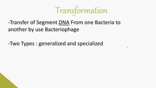 Transformation
‫ا‬
-Transfer of Segment DNA From one Bacteria to
another by use Bacteriophage
-Two Types : generalized and specialized
 