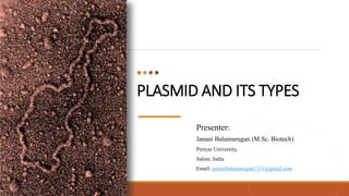 PLASMID AND ITS TYPES
Presenter:
Janani Balamurugan (M.Sc. Biotech)
Periyar University,
Salem, India
Email: jananibalamurugan1111@gmail.com
 